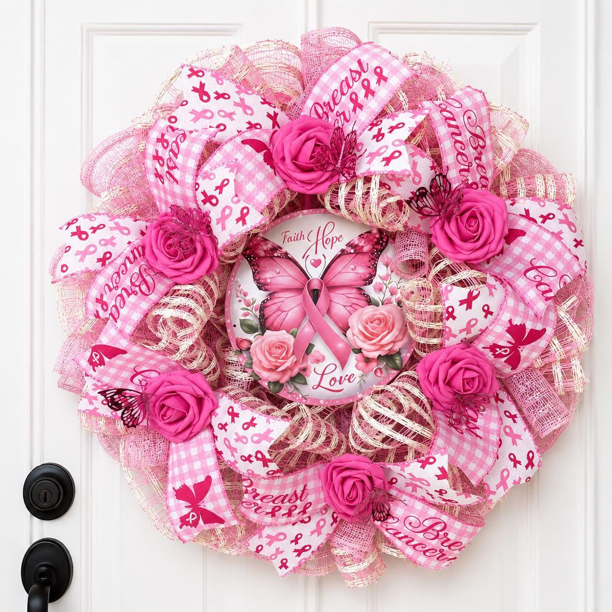 Faith Hope Love Breast Cancer Awareness Wreath – Pink Butterfly Ribbon Door