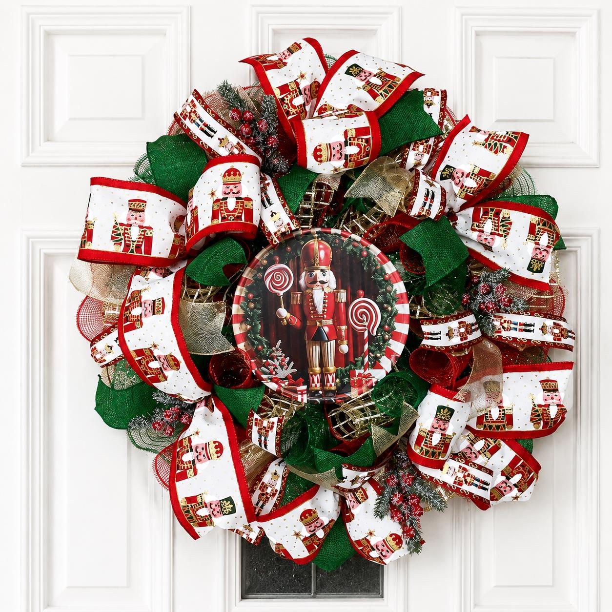 Nutcracker Christmas Wreath • Red Green Holiday Door Decor • Deco Mesh Wreath