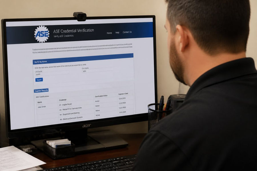 Computer screen showing ASE credential verification database with technician name search field and certification status results displayed