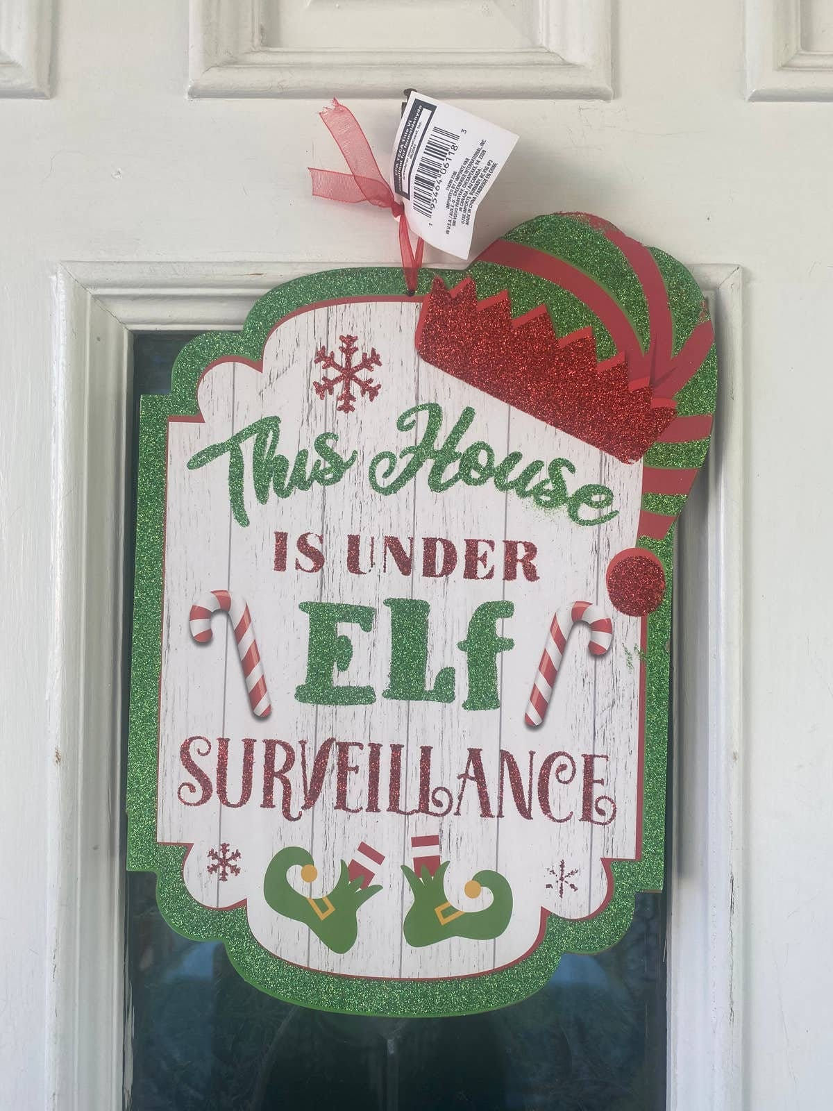 Elf Sign, This House is Under Elf Surveillance Sign, Christmas Wreath Sign,