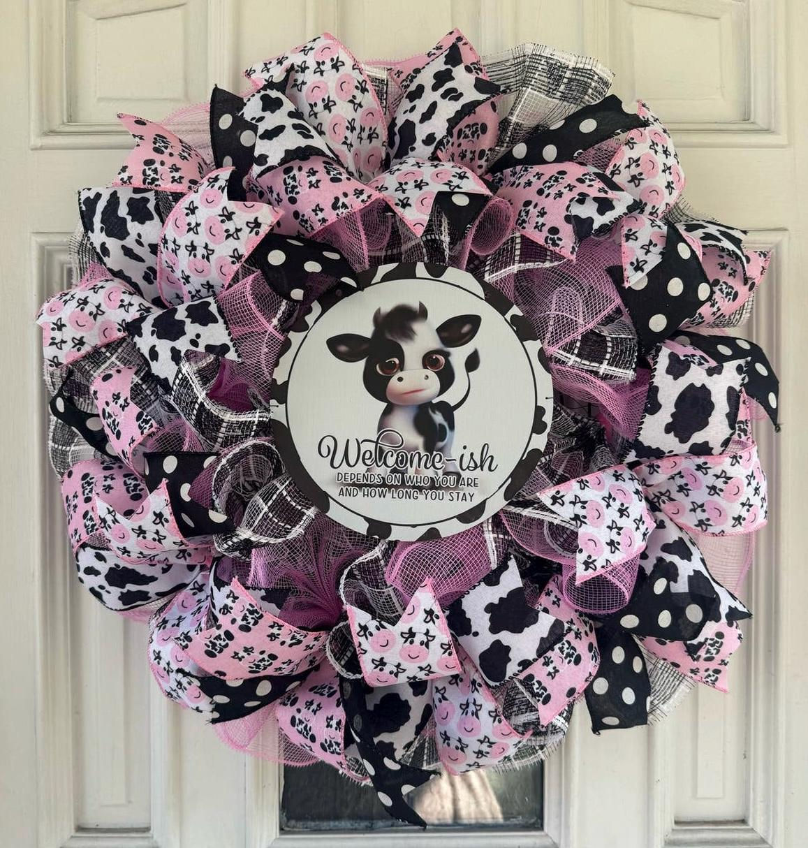 Funny Cow Wreath, Pink Cow Print Farmhouse Welcome Decor, Country Rustic Charm