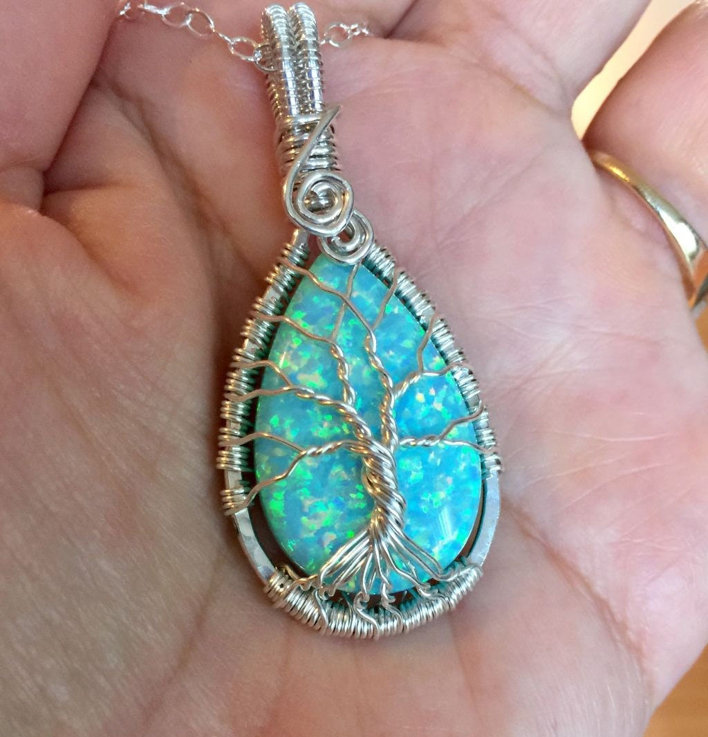 Opal Necklace, Aqua Blue Opal Necklace, Wire Wrapped Opal Tree of Life Necklace,