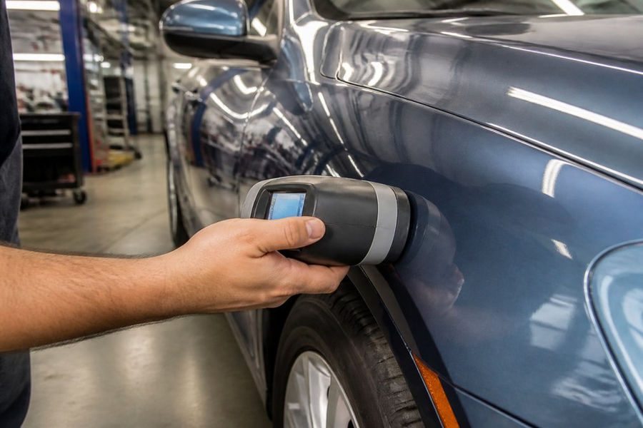 Technician using a spectrophotometer to analyze car paint color on a vehicle fender in an auto body shop