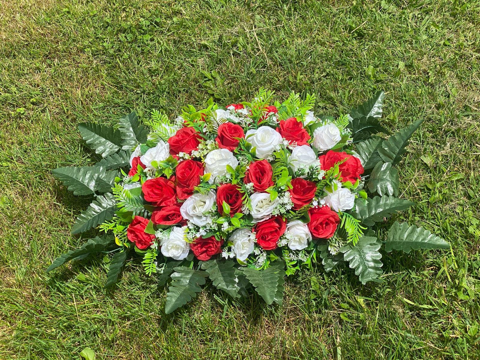 Valentine’s Day Cemetery Saddle | Red White Grave Flowers for Spouse or Parent