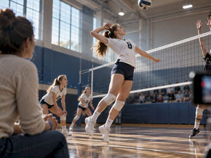 Parent watches youth volleyball with hands free