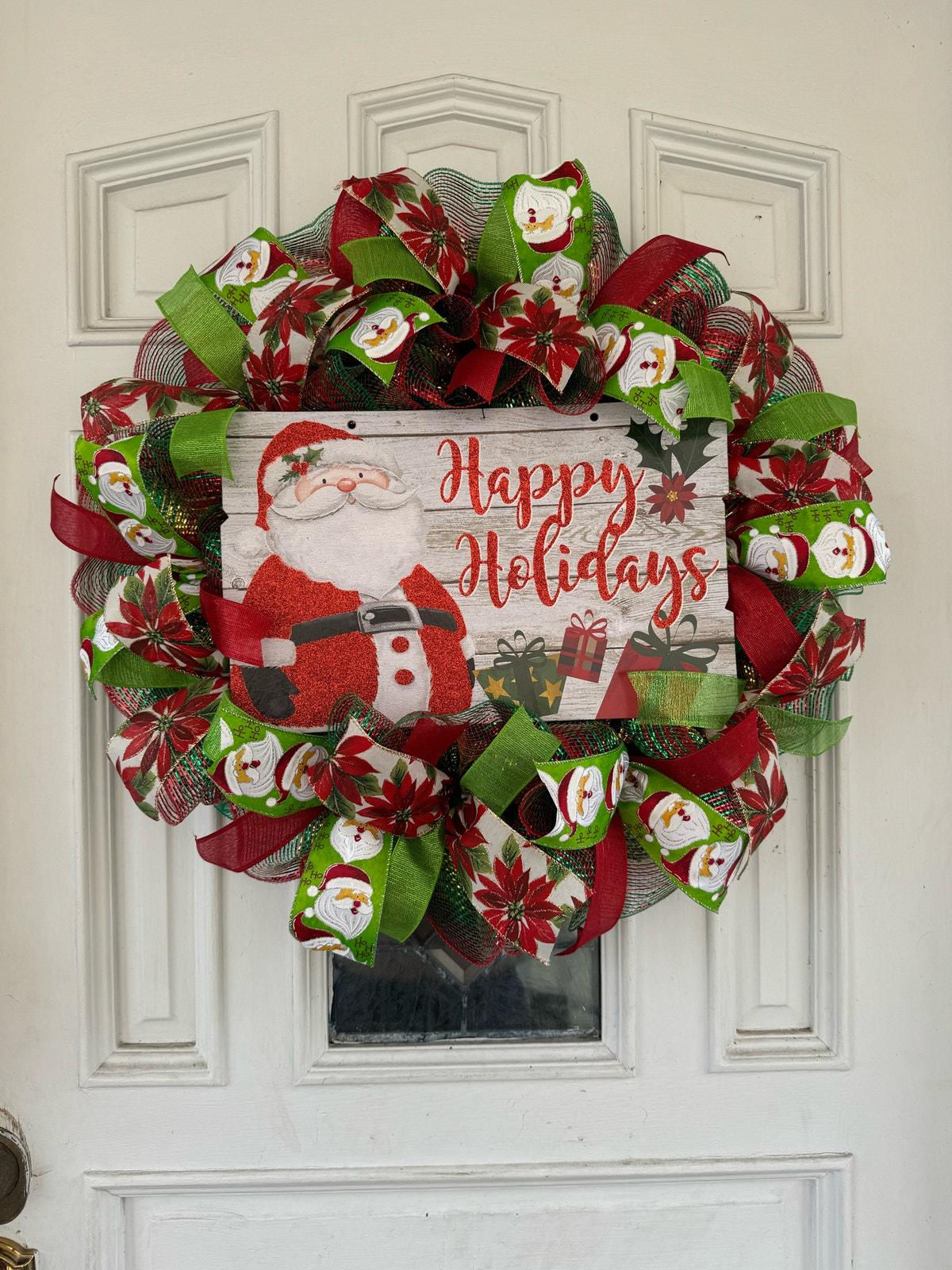 Happy Holidays Santa Wreath | Festive Red and Green Christmas Wreath | Santa