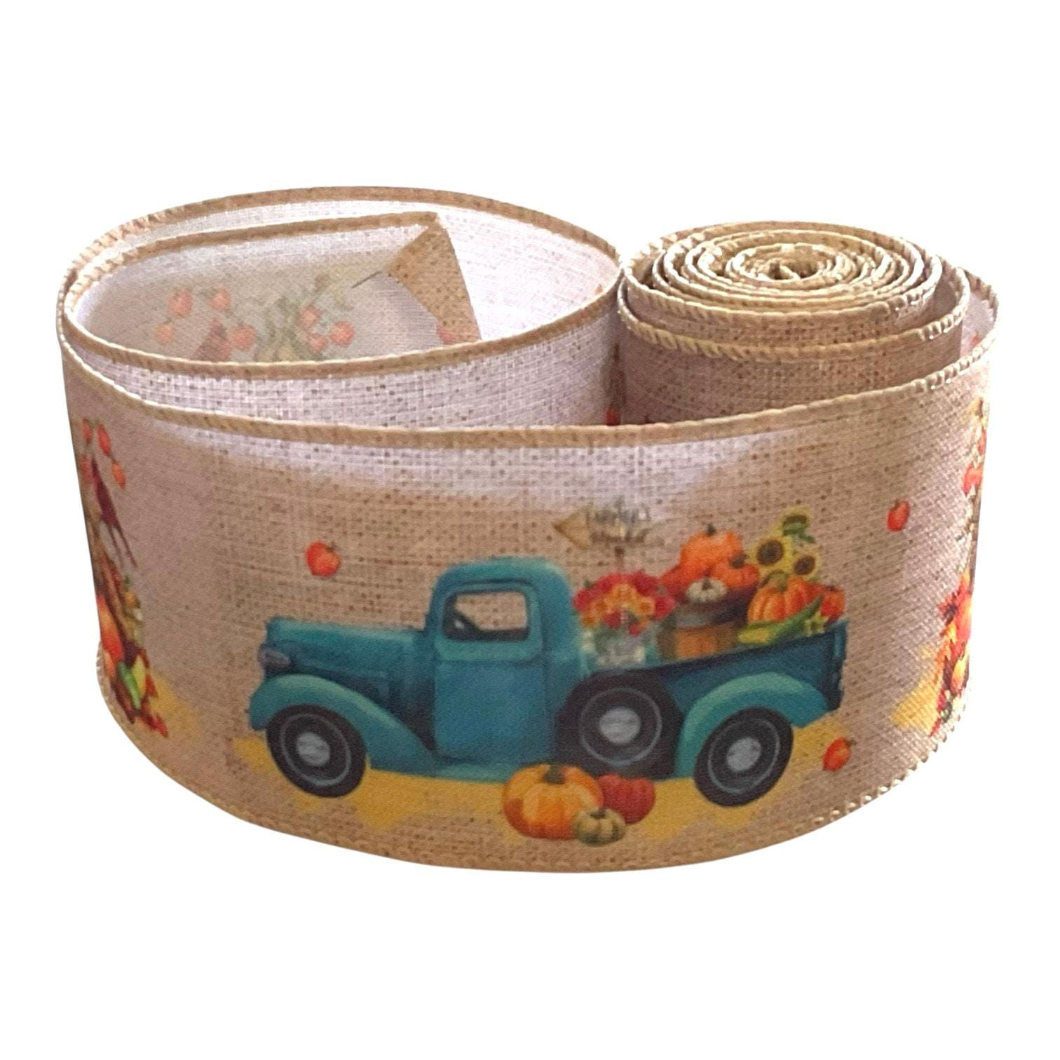 Blue Pumpkin Truck Ribbon | 2.5” Wired Ribbon for Wreaths, Bows, Garlands |