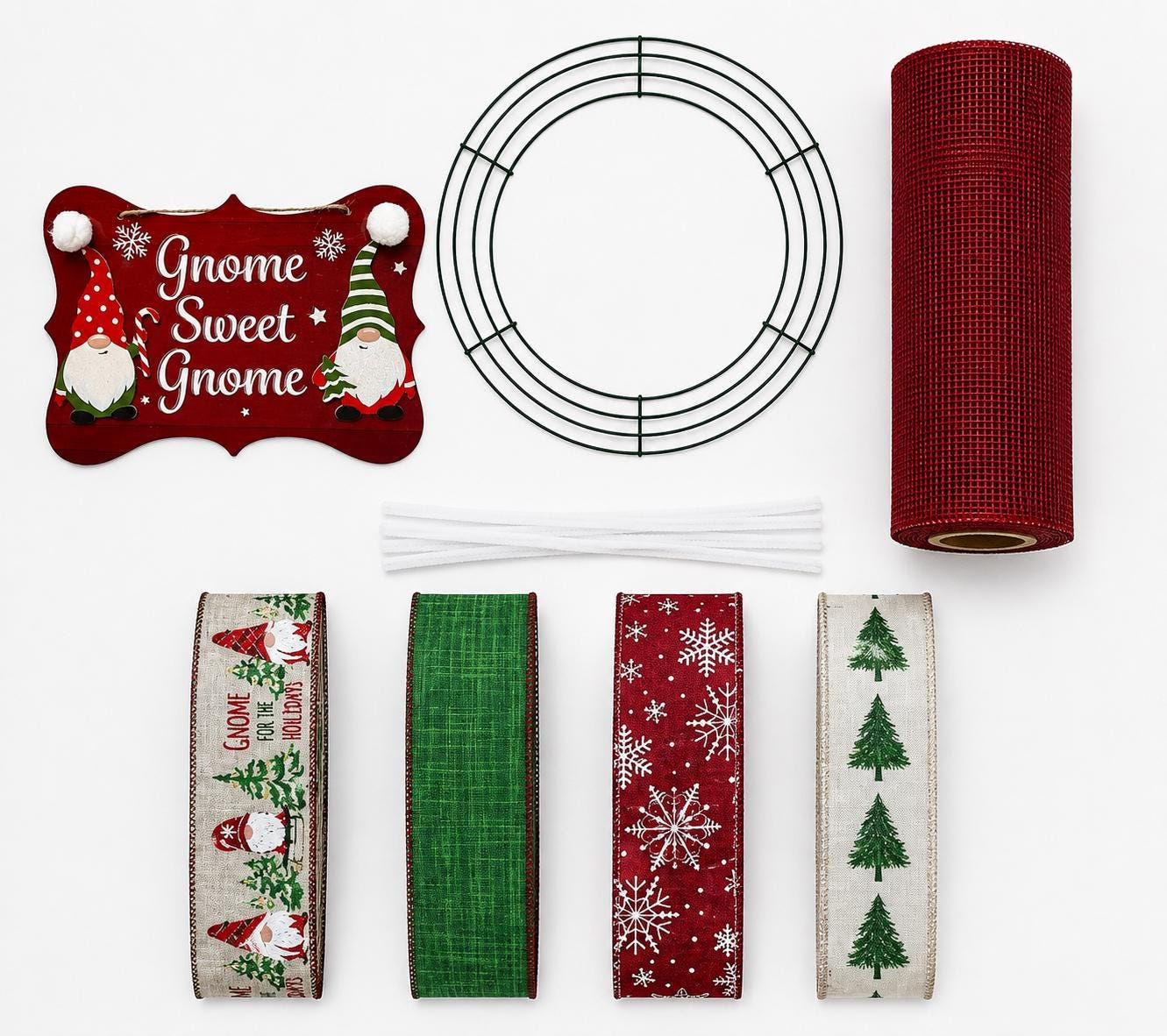 Gnome Sweet Gnome Christmas Wreath Kit | Festive Gnome Sign & Holiday Ribbon