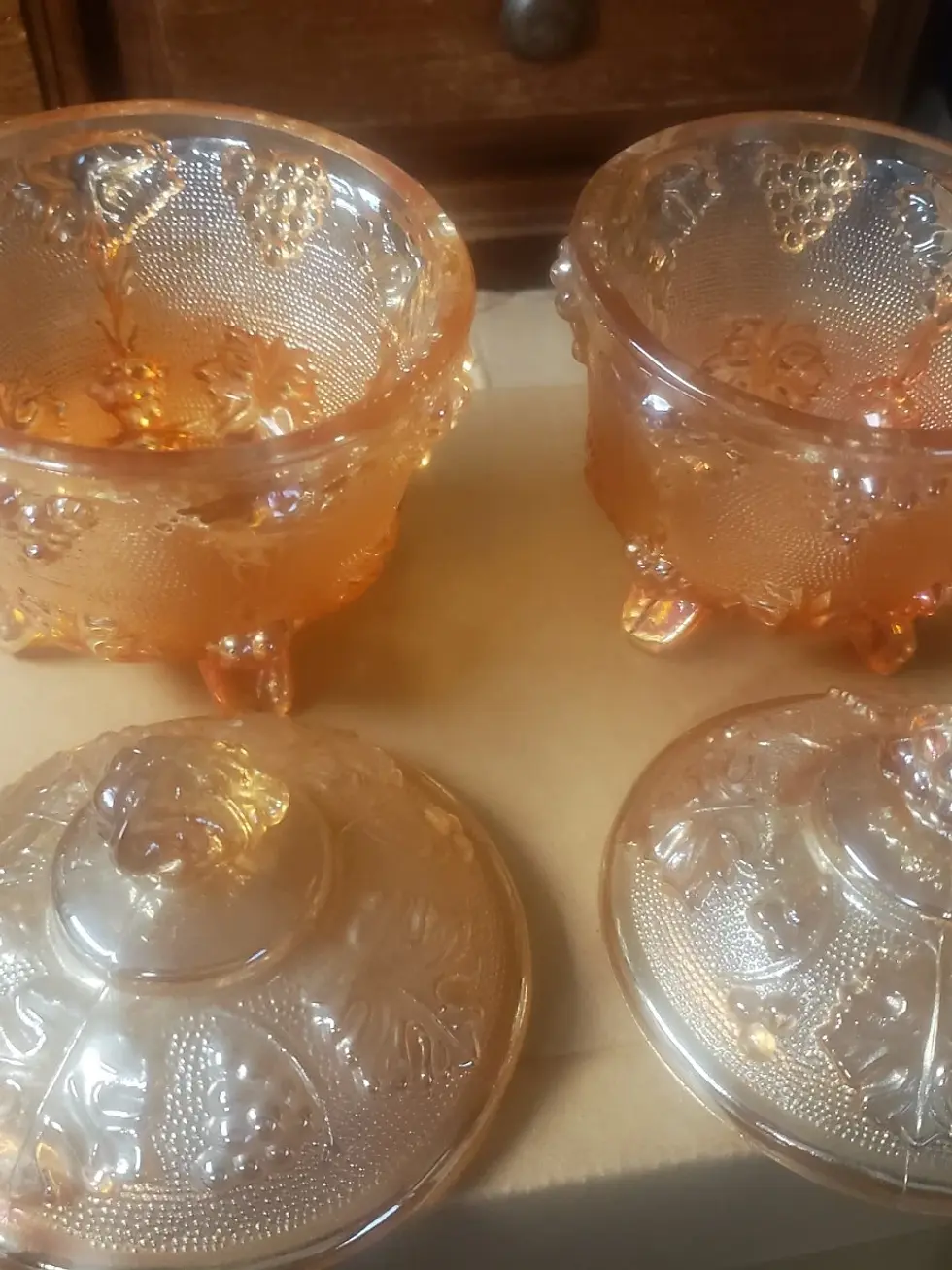 Thumbnail: 2 Vtg Harvest Grape Carnival Glass Candy Jars