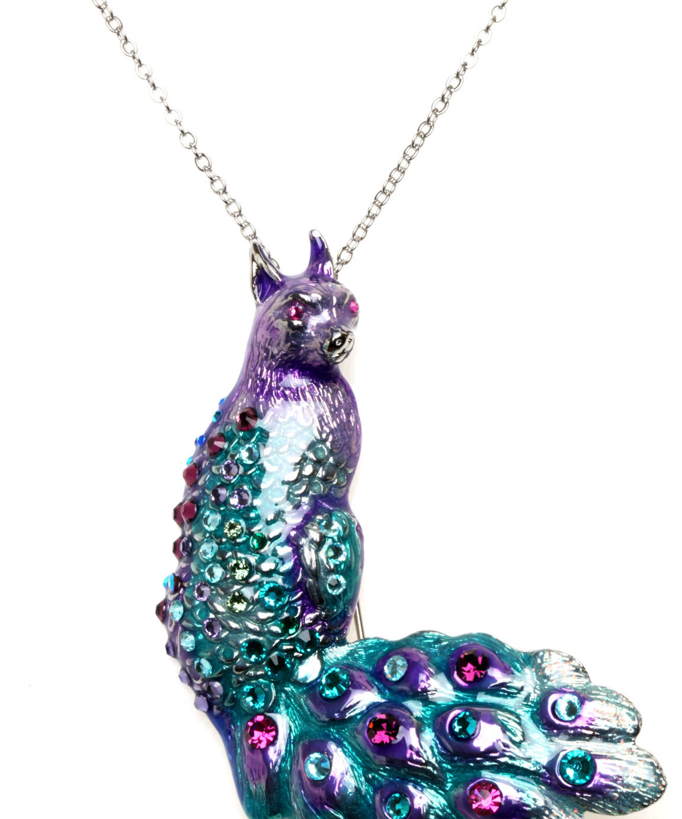 KIRKS FOLLY PEACOCK CAT BIRD PIN / PENDANT / NECKLACE silvertone purple
