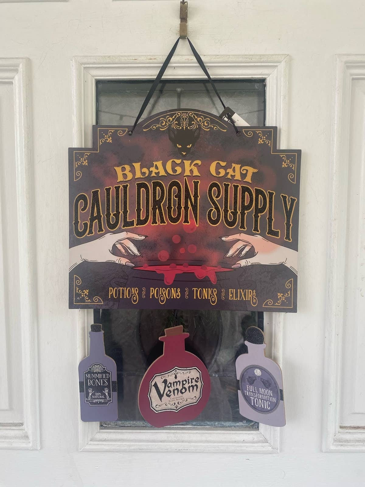 Black Cat Cauldron Apothecary Halloween Sign Front Door Hanger Home Decor,