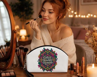 Floral Mandala Makeup Bag | PU Leather Cosmetic Pouch, Wrist Strap