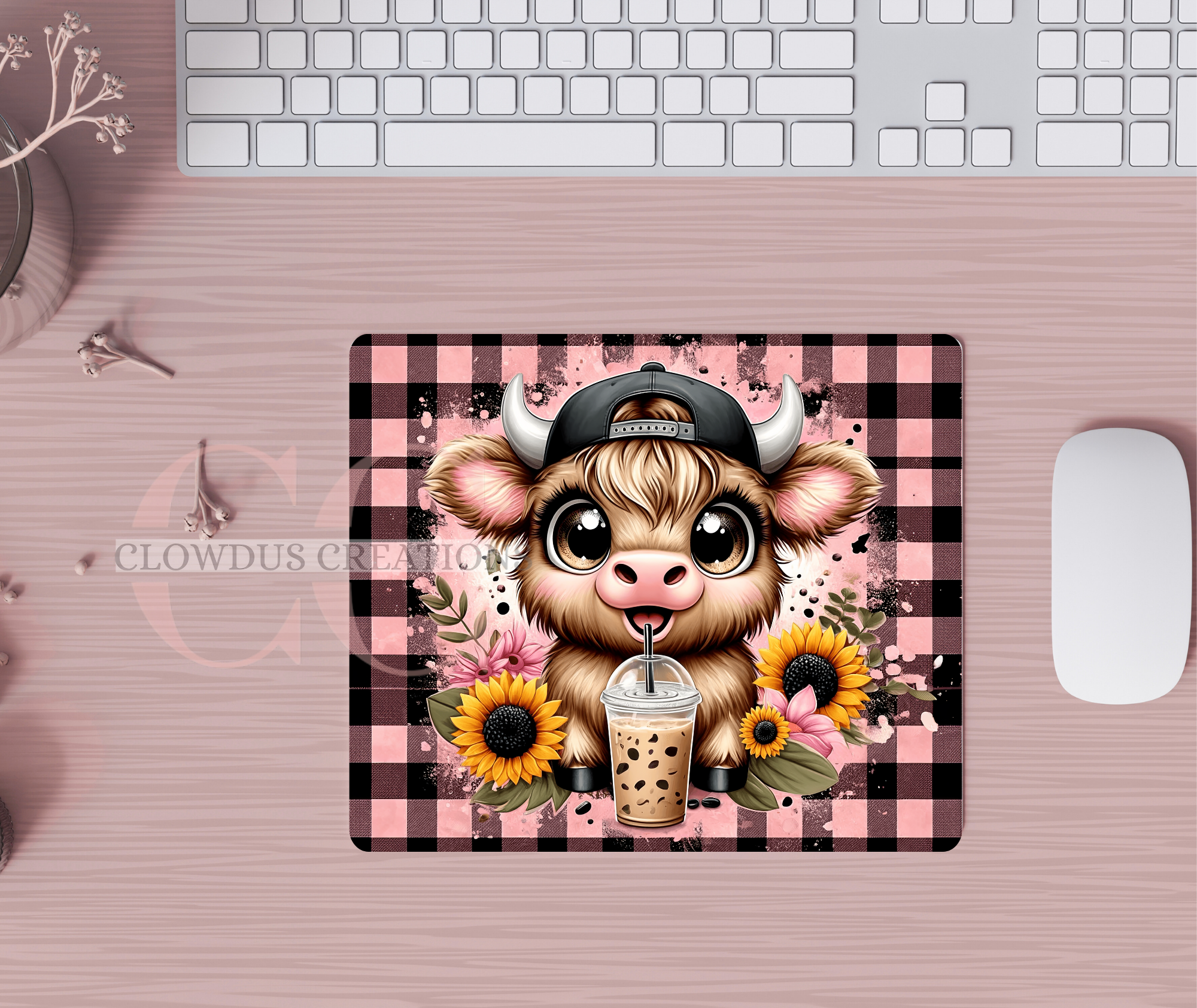 Highland Cow and Coffee Pink Checkered Mouse Pad