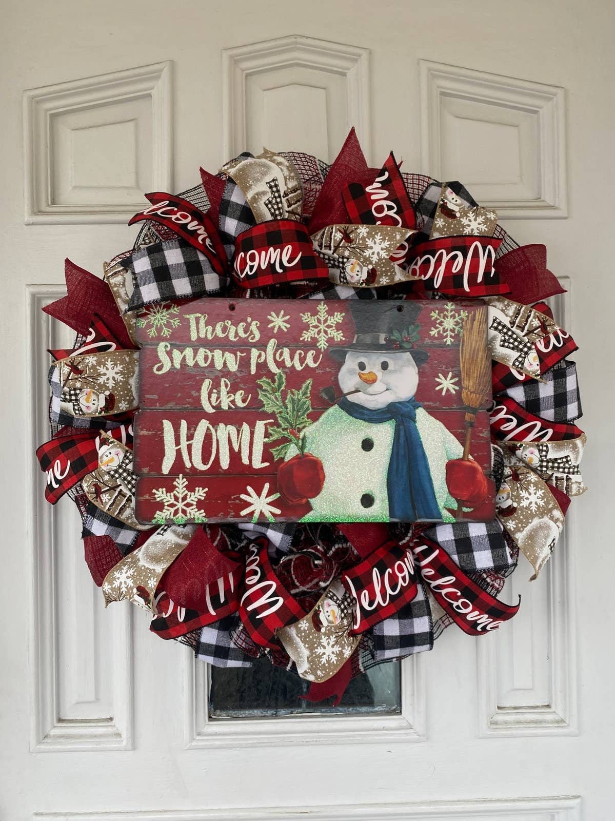 Snowman Wreath, Buffalo Plaid There is Snow Place Like Home Mesh Ribbon