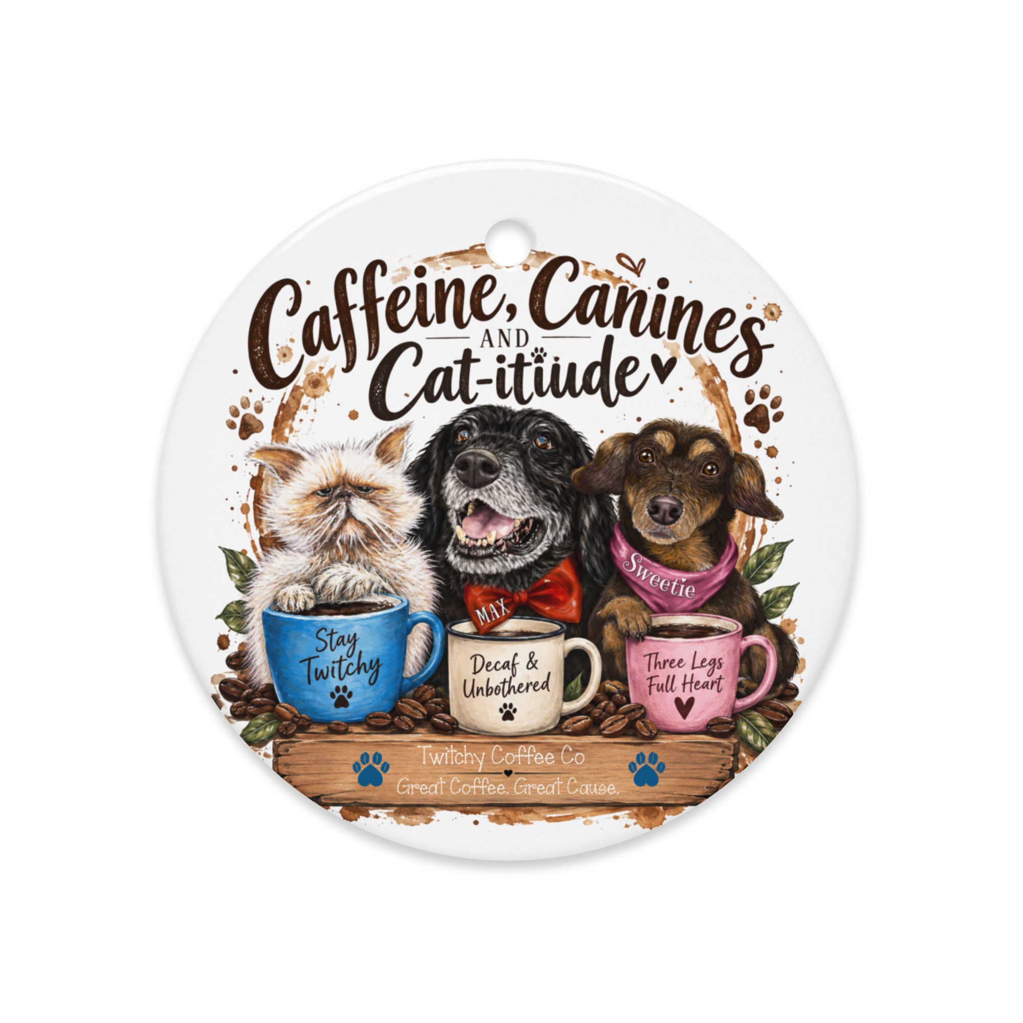 Caffeine, Canines & Cat-titude Ornament