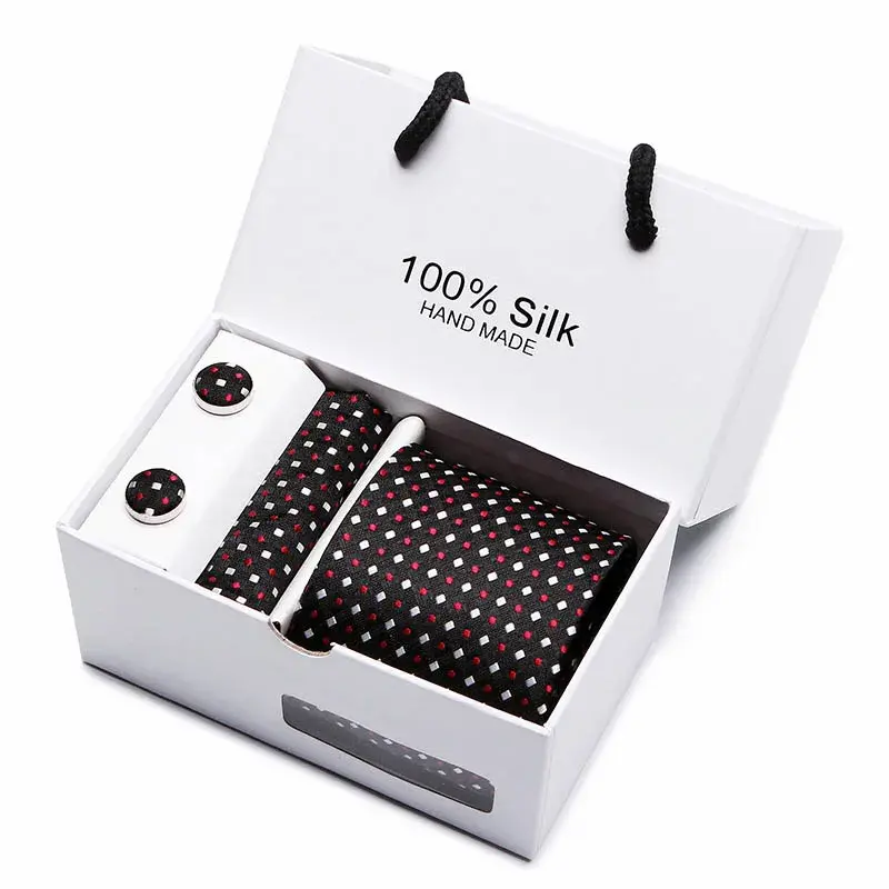 Thumbnail: 2023 100% Silk Jacquard Necktie White Geometric Tie Hanky Cufflink Set Ties for