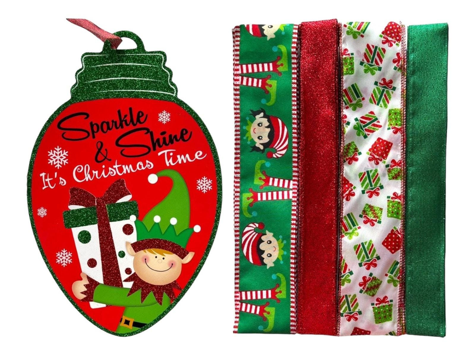 Sparkle & Shine Christmas Elf Sign and Ribbon Bundle, Red Green Holiday Wreath
