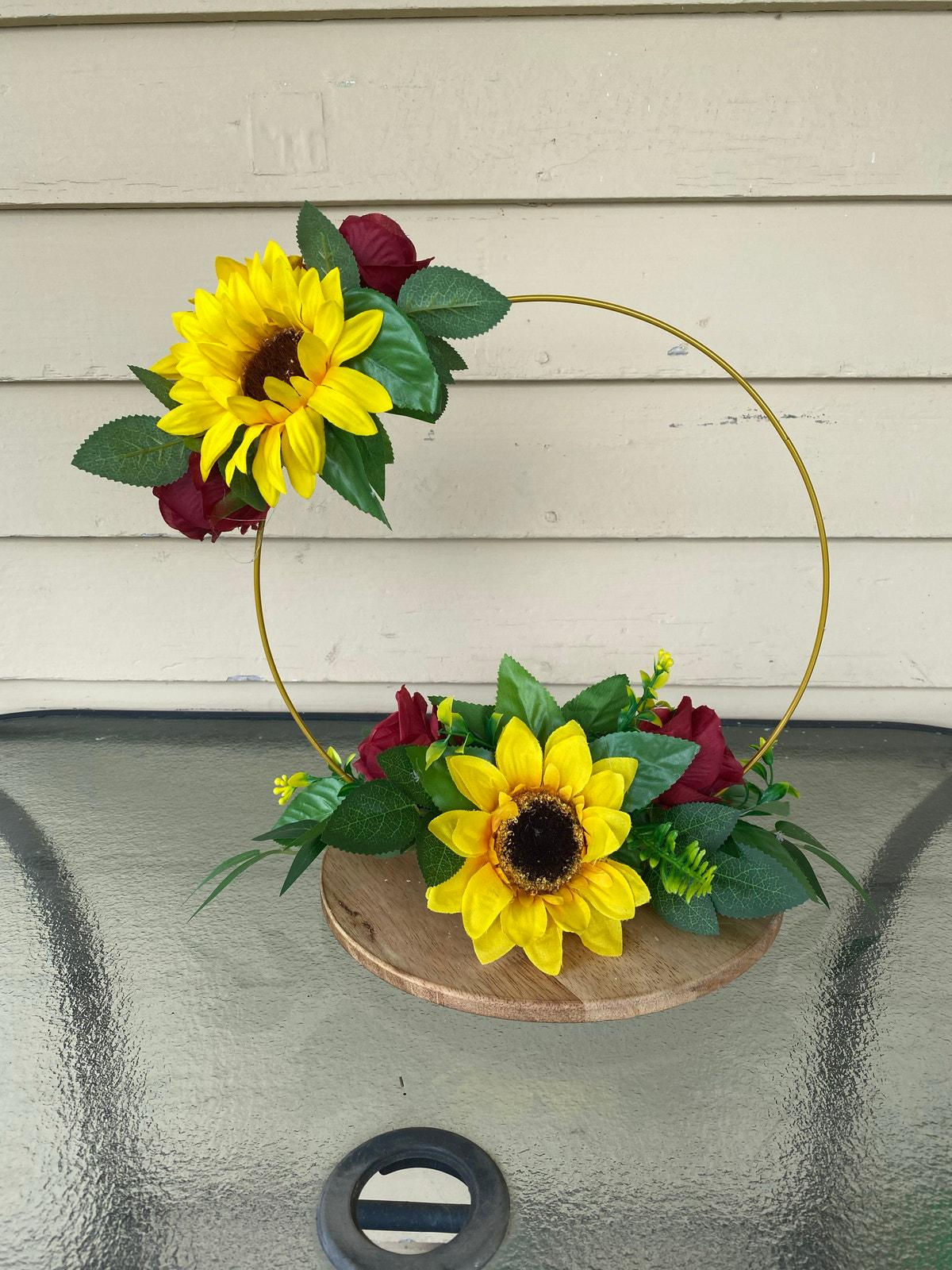 Sunflower & Rose Hoop Wreath • Modern Farmhouse Floral Wall Décor • Rustic Gold