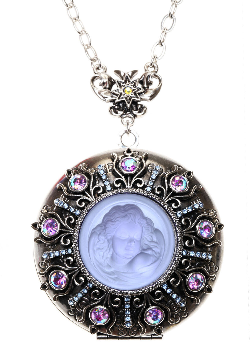 Kirks Folly Glass Dream Angel Touch the Heavens Locket Necklace silvertone