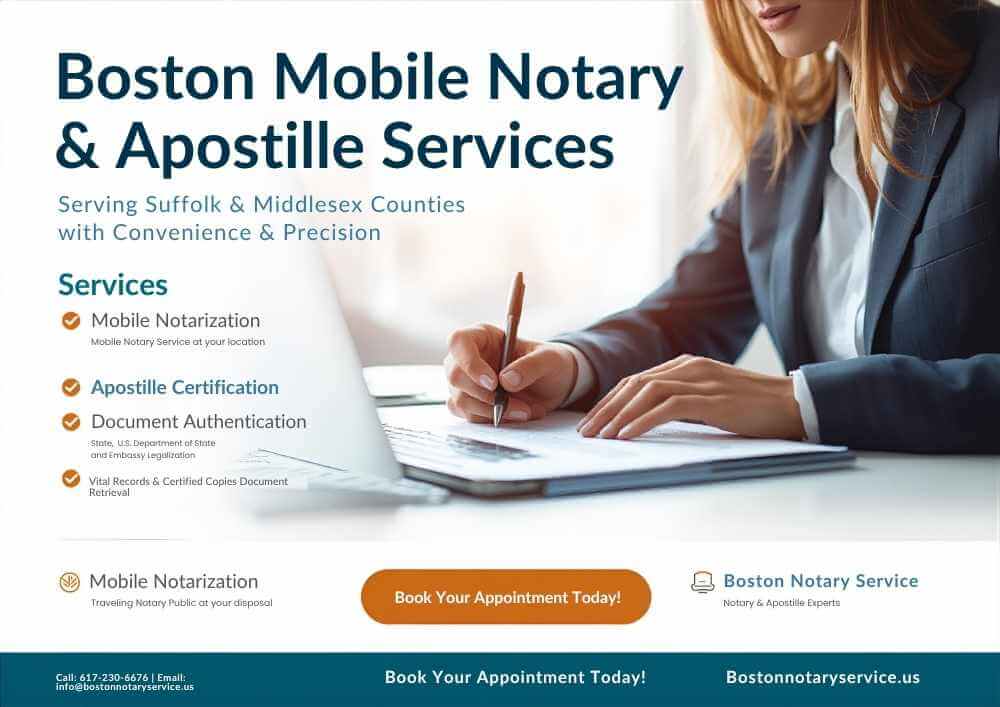 Boston Mobile Notary & Apostille Services for Suffolk County and Middlesex County Massachusetts
