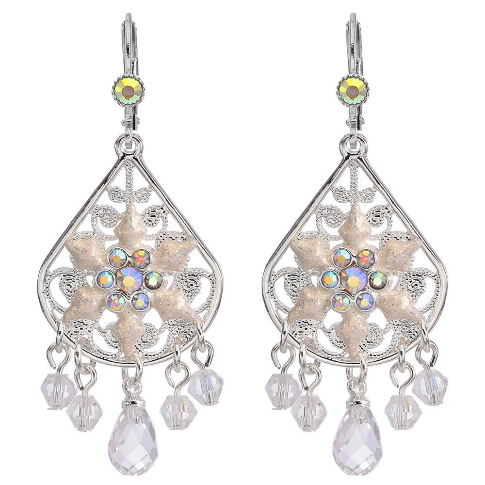 Kirks Folly Crystal Snowflake Chandelier Leverback Earrings sterling silvertone