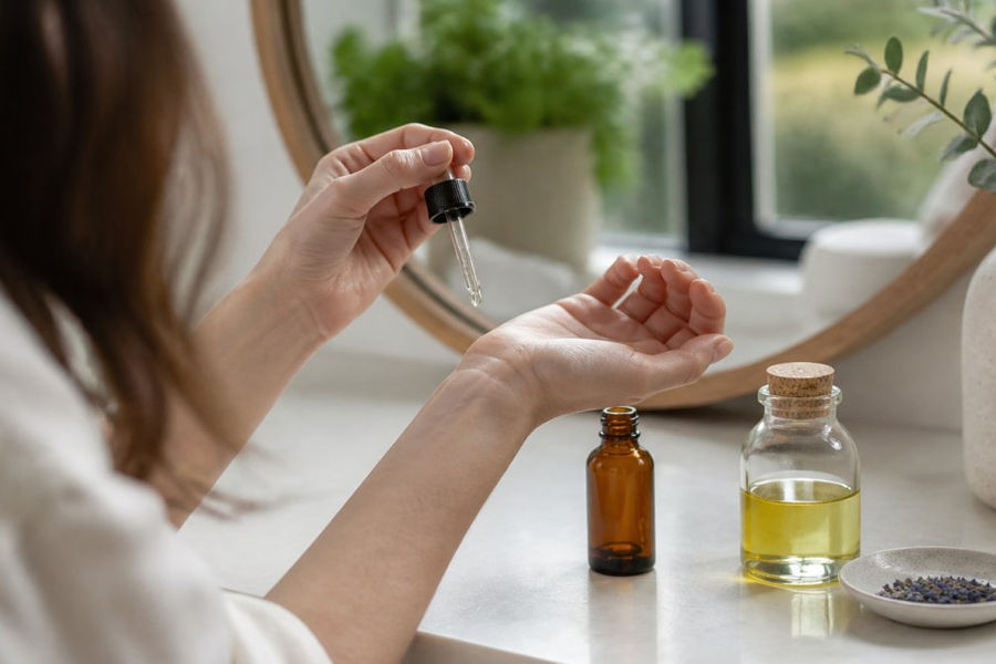 Woman applying diluted essential oils for daily calm to her wrist at a sunlit vanity with carrier oil nearby