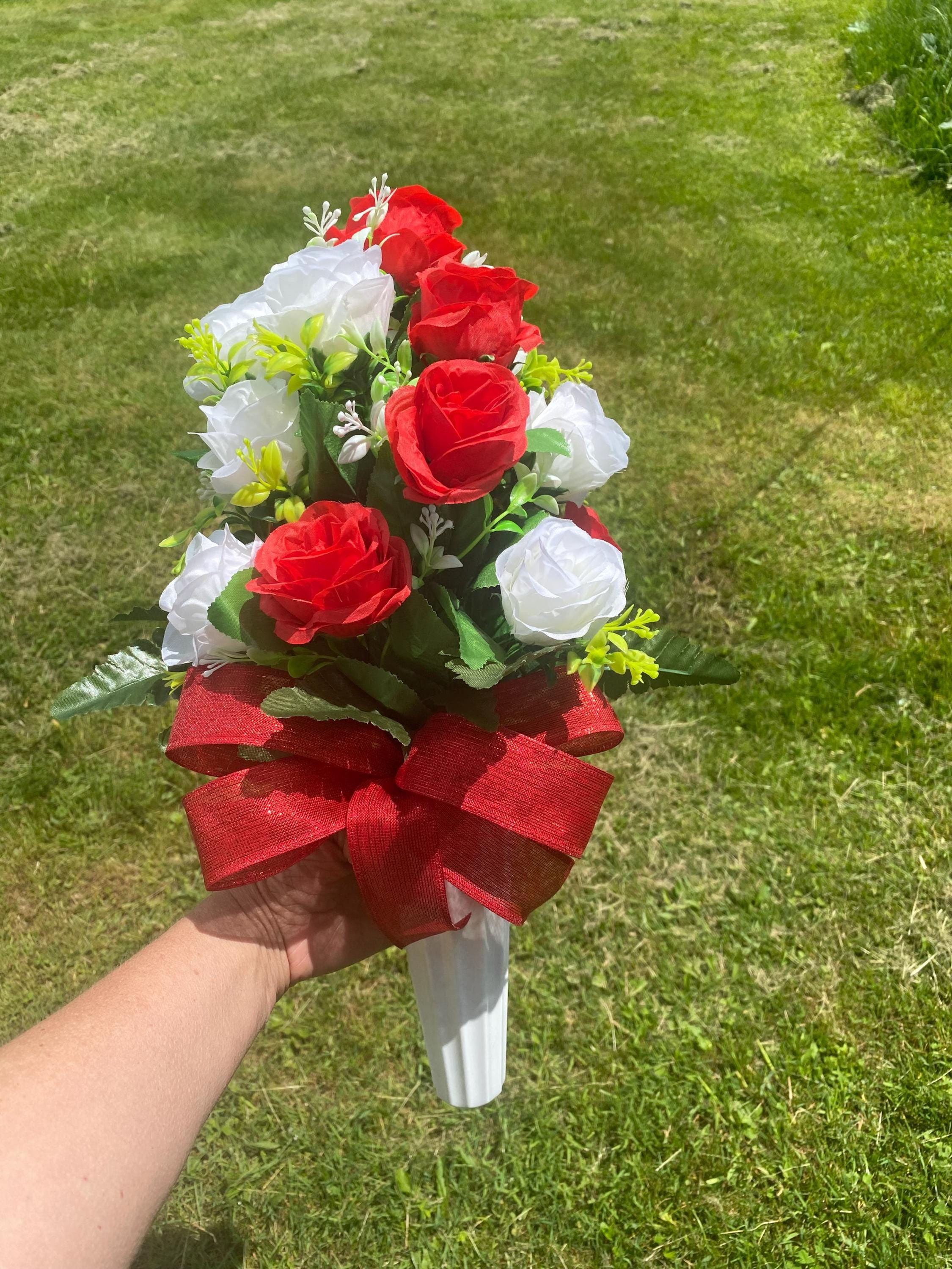 Red & White Rose Cemetery Flower Saddle – Grave Vase with Ground Stake and Bow