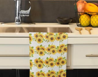Yellow Sunflower Pattern Tea Towel | Floral Kitchen Decor Microfiber