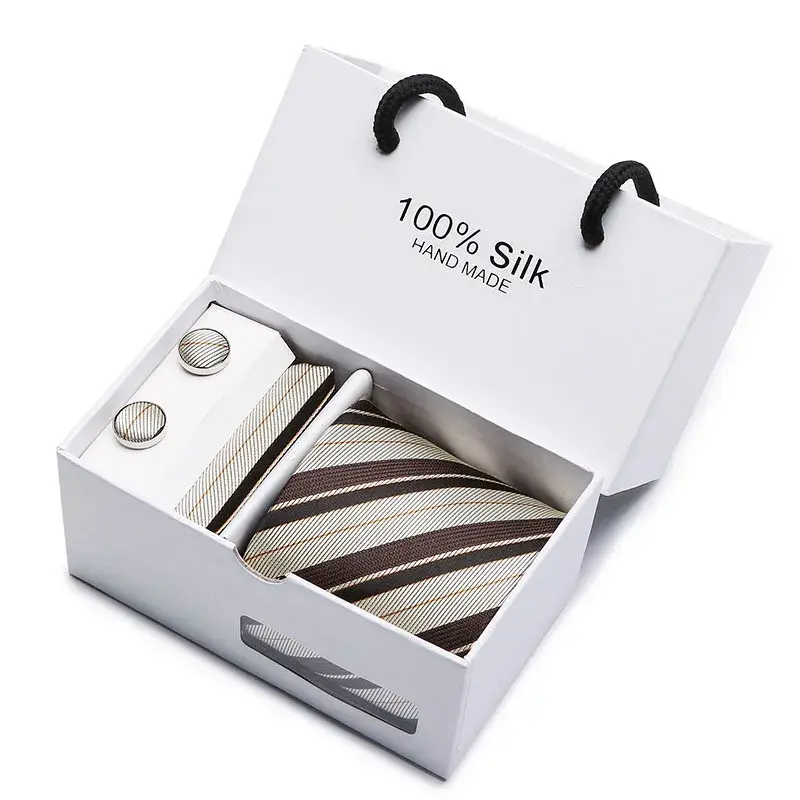 Thumbnail: 2023 100% Silk Jacquard Necktie White Geometric Tie Hanky Cufflink Set Ties for
