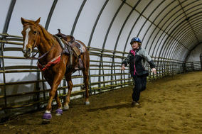 Little girl running behind her horse after she dismounted to practice goat tying.