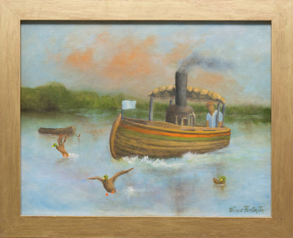 One man boat with smokestacks