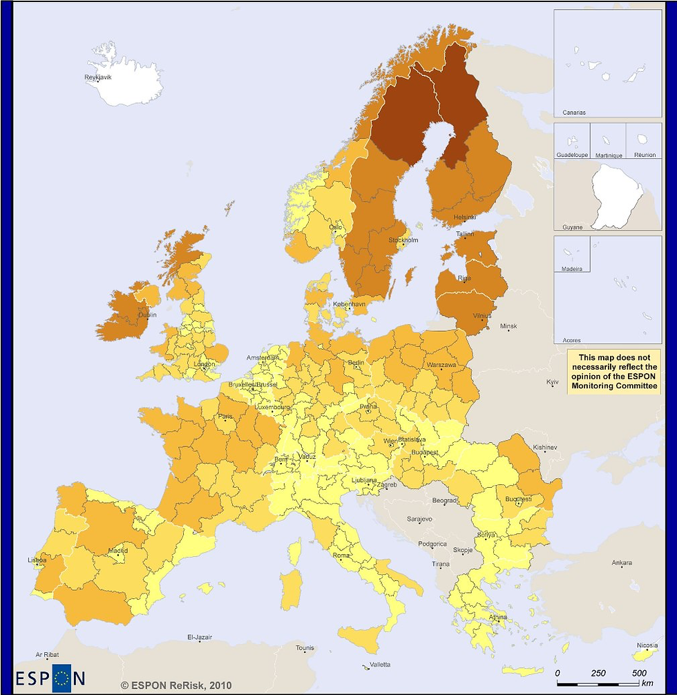 .Detta är potentialen för vindenergi i Europa. Bäst är Irland, Spanien, Skottland, Sverige, Finland och Baltikum. De senare länderna har bara börjat.