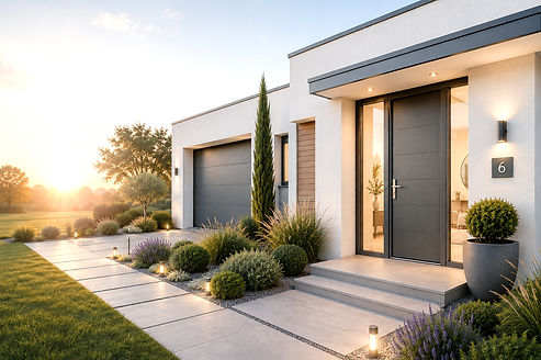 Maison contemporaine avec entrée moderne, jardin paysager et éclairage extérieur au coucher du soleil.