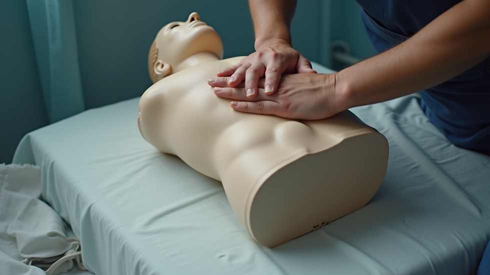 Close-up view of CPR mannequin with hands performing chest compressions
