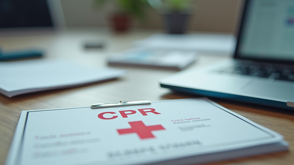 Close-up view of CPR certification card and training materials on a desk