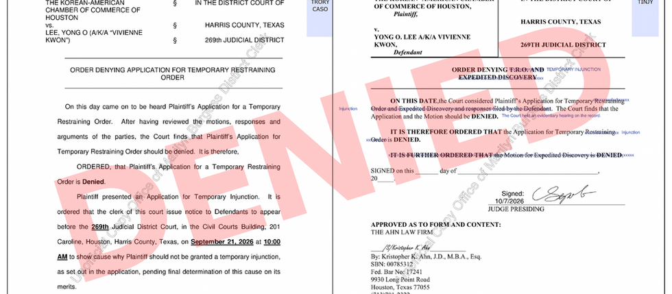 KACC Houston: Court Denies TRO and TI Sought by Ethan Lee, Vice Presidents Jacey Jetton, Daniel Yoo and Brian Kim in Bylaws Dispute – Officers and Directors: Disputed Authority Under KACCH’s Bylaws