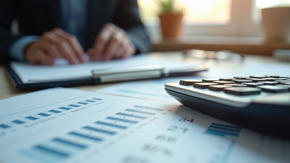 Eye-level view of a financial planner's desk with a calculator and financial documents