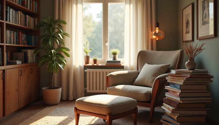 High angle view of a cozy reading nook with a comfortable chair, soft lighting, and a stack of self-help books