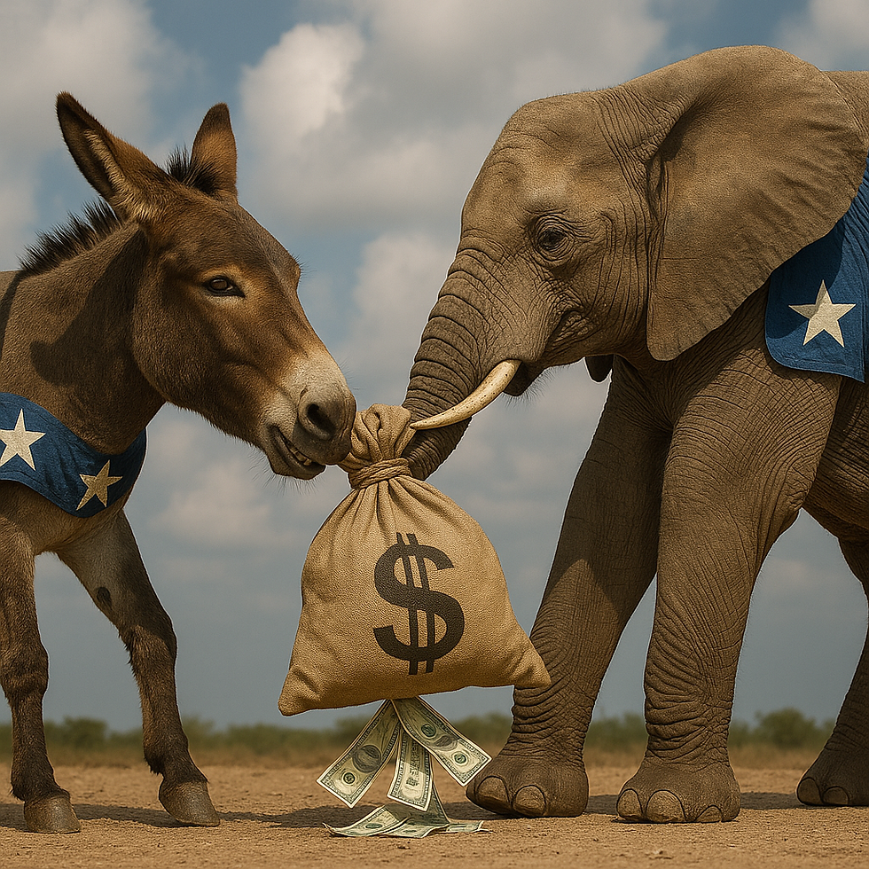 Donkey and elephant pulling on a money bag overflowing with cash, symbolizing bipartisan struggle and the political impact on unclaimed property and access to funds