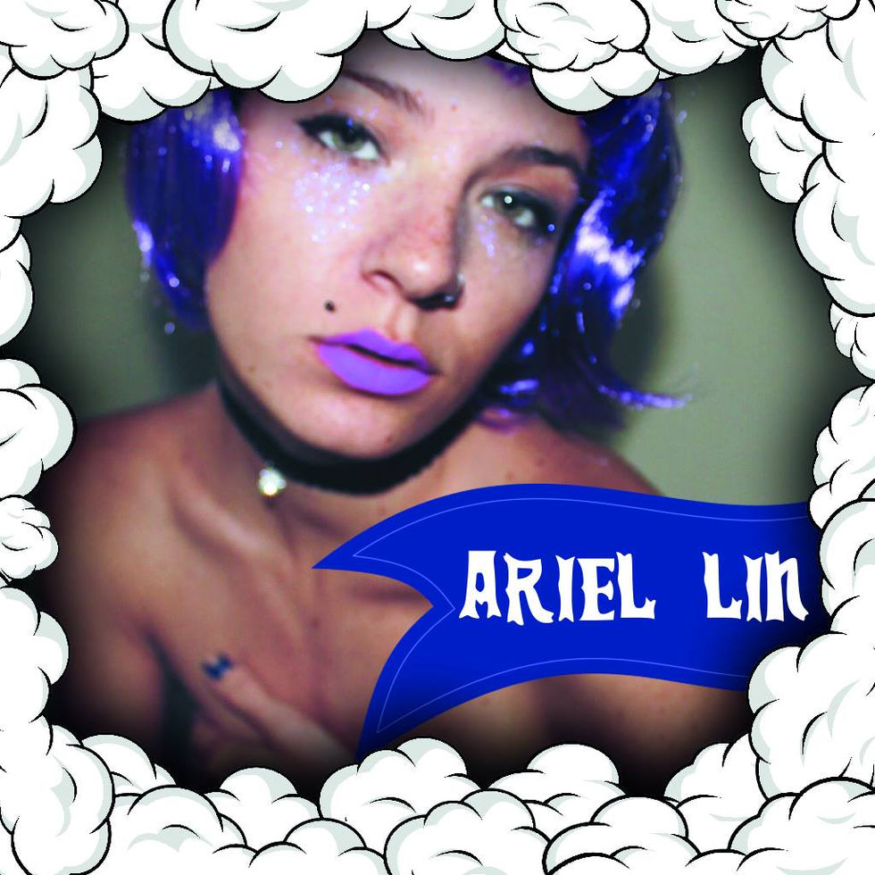 Cartaz de divulgação da Ariel Lin, participante da Semana de Produção Cultural.
Ariel Lin é uma mulher branca, está de top, com peruncae batom azul
