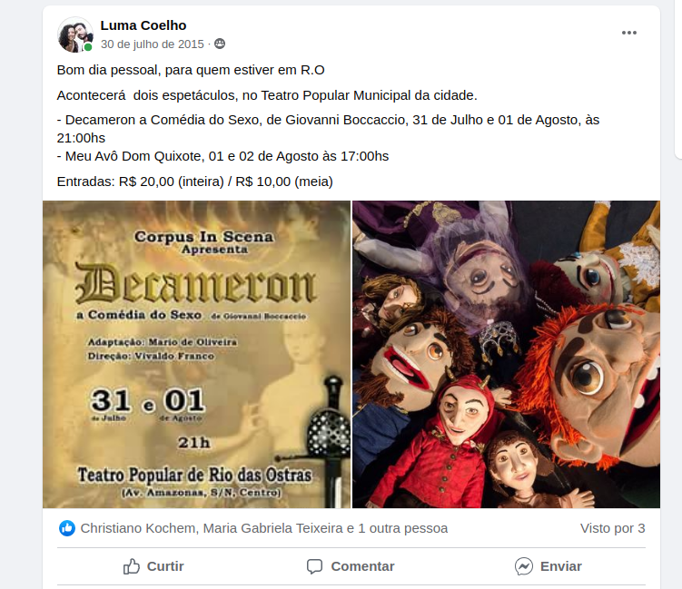 print da rede social facebook, divulgando as imagens da peça teatral Decameron a Comédia do Sexo.