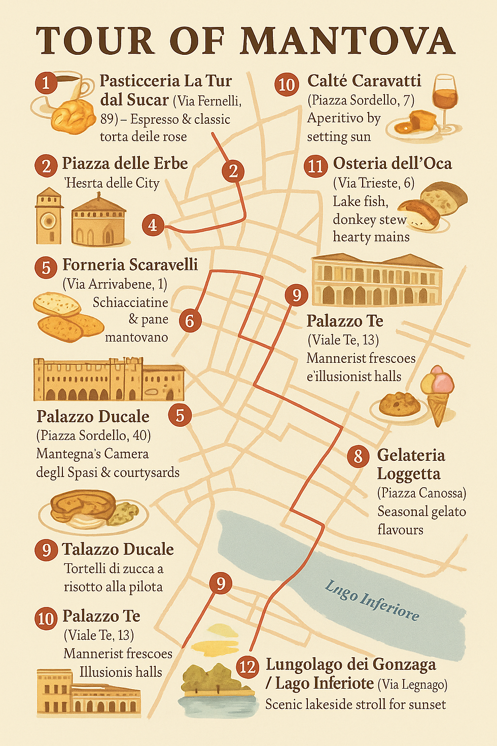 Tour map of Mantova with numbered locations like Pasticceria, Piazza Erbe, and Osteria. Includes cafes, palaces, and lakeside views.