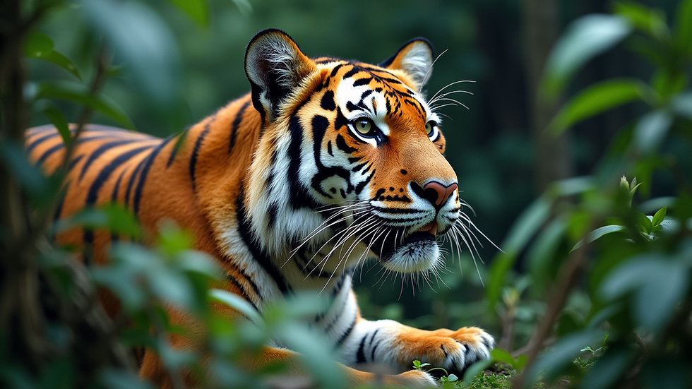 Close-up view of a vibrant painting of an endangered tiger in a lush jungle setting