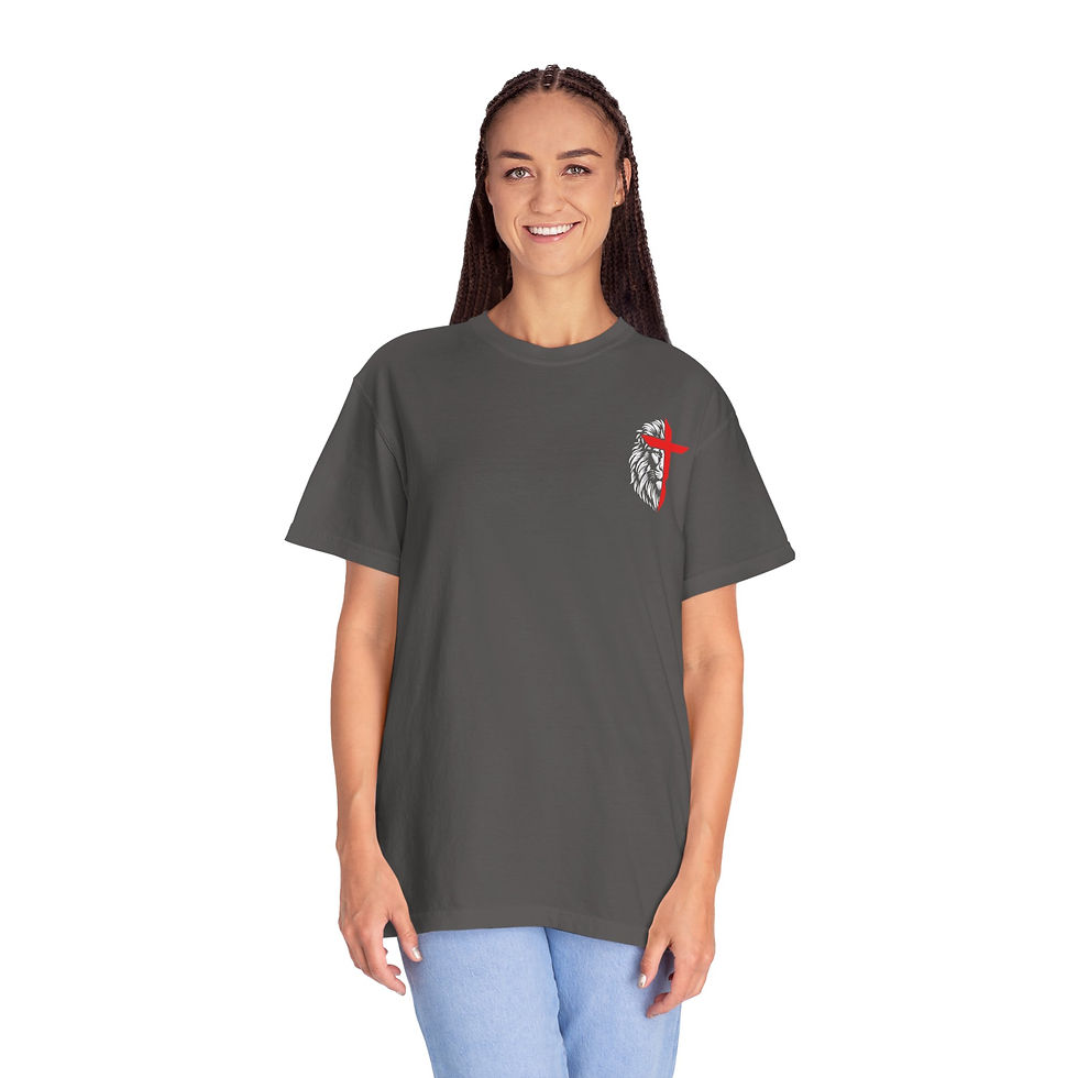 Thumbnail: Woman of Faith – 1 Corinthians 16:13 Lion & Cross Unisex Garment-Dyed T-Shirt