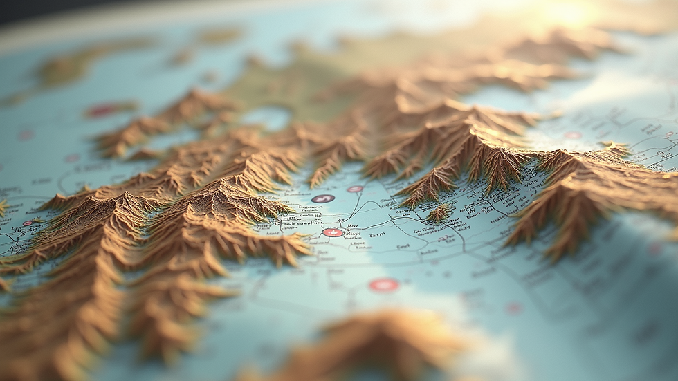 High angle view of a topographic map showing elevation and terrain features