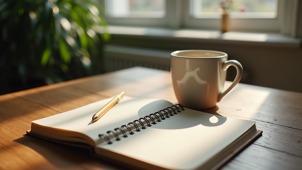 Eye-level view of a peaceful home office with a journal and a cup of tea