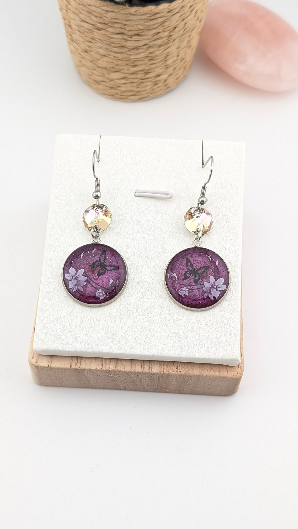 Miniature : Boucles d’oreilles Jardin Pourpre – Papillons et fleurs
