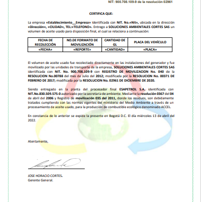 CERTIFICACIÓN DE DISPOSICIÓN FINAL QUE GENERAMOS