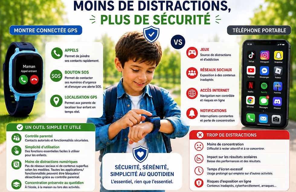 Comparatif entre une montre connectée enfant GPS et un téléphone portable montrant que la montre offre moins de distractions numériques, davantage de sécurité, un contrôle parental simplifié et une utilisation adaptée aux enfants