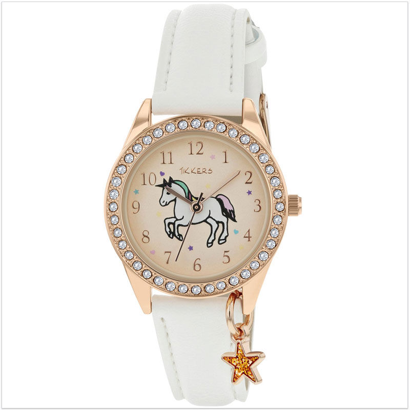 Montre licorne fille blanche avec strass et pampille étoile de marque Tikkers